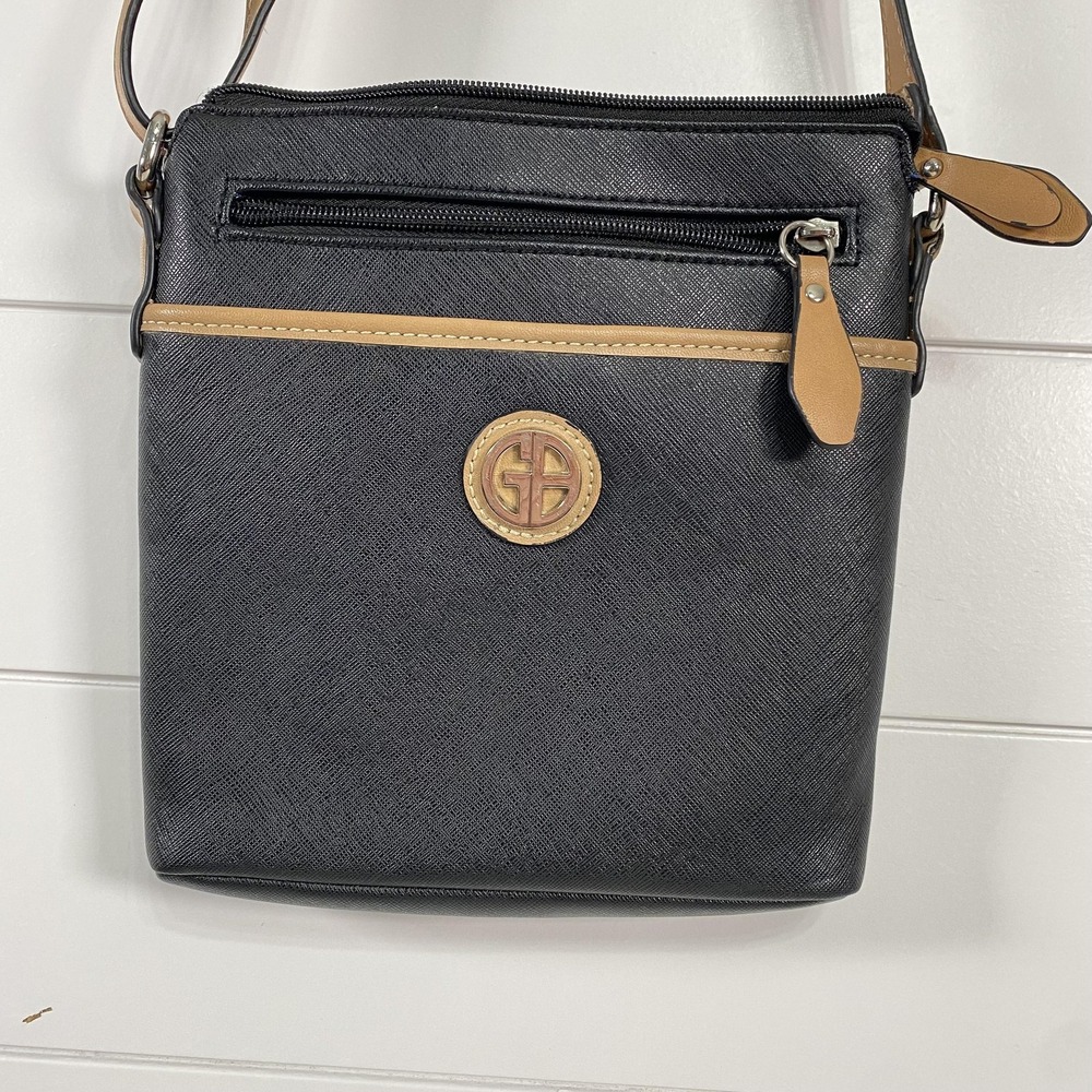 Giani Bernini Crossbody Bag Womens Black Tan Faux Leather Zip Shoulder Purse